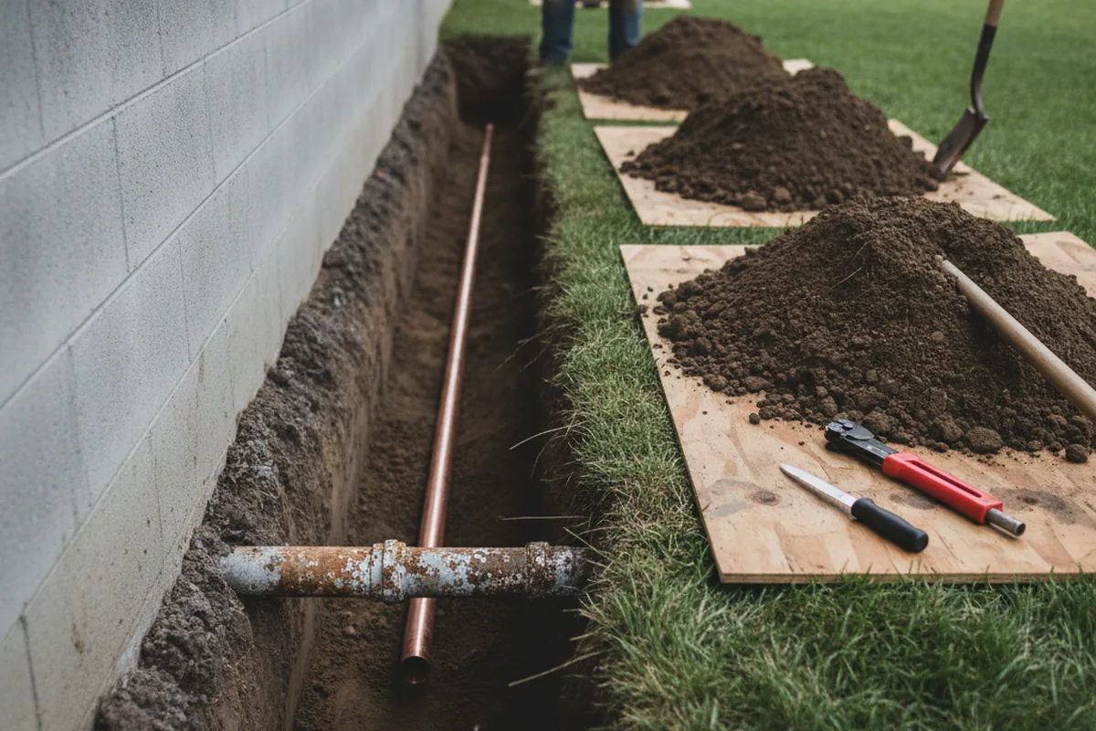 Excavated water line trench during Sewer Line Repair in Breaux Bridge